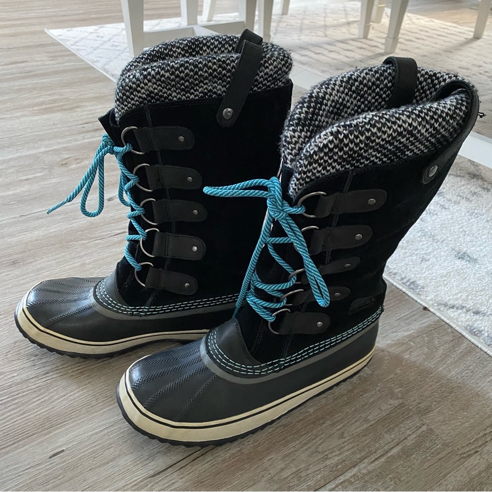 Sorel Joan of Arctic Knit lined Teal Trim Tall Waterproof Winter Boots Sz 9.5